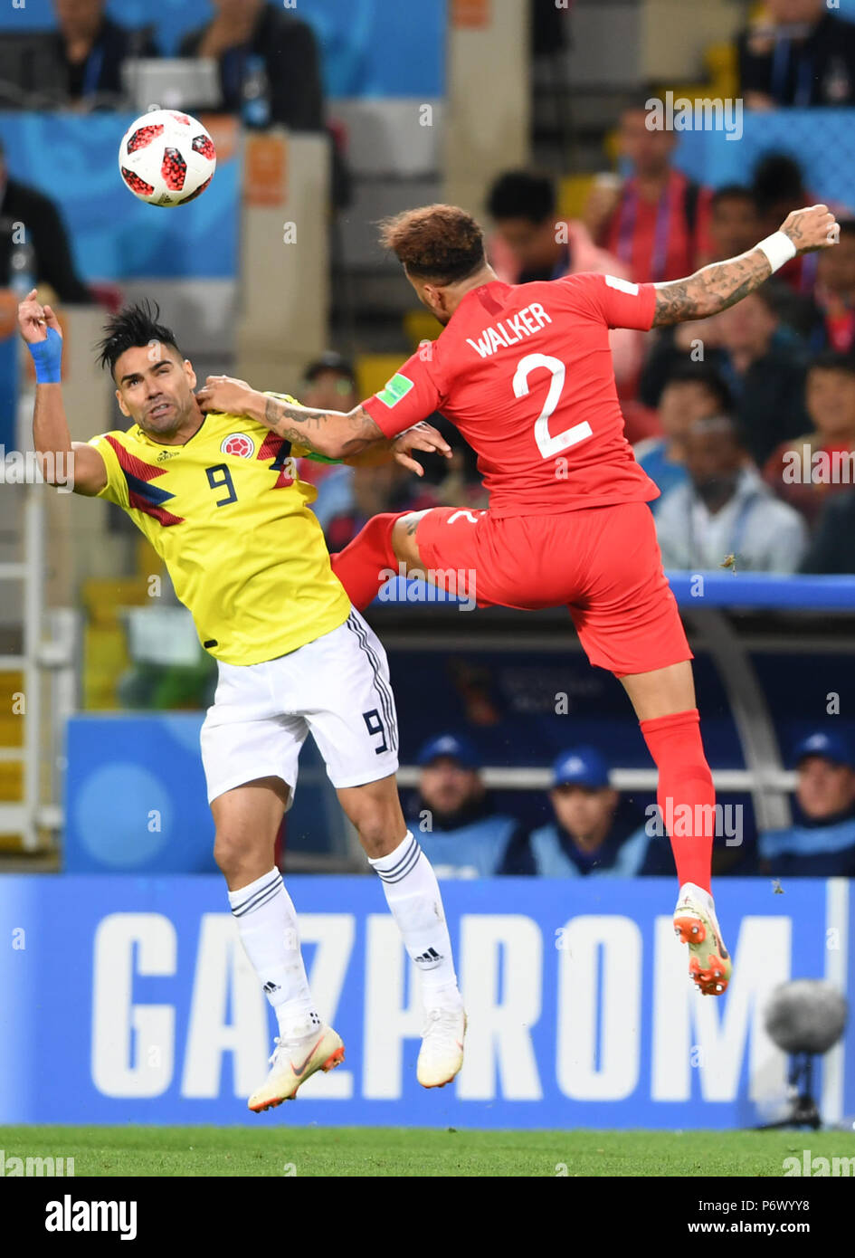 Moscow, Russia. 3rd July, 2018. Kyle Walker (R) of England vies with Radamel Falcao of Colombia during the 2018 FIFA World Cup round of 16 match between England and Colombia in Moscow, Russia, July 3, 2018. Credit: Du Yu/Xinhua/Alamy Live News Stock Photo