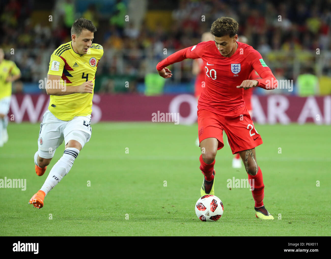 Moscow, Russia. 3rd July, 2018. Dele Alli (R) of England vies with Santiago Arias of Colombia during the 2018 FIFA World Cup round of 16 match between England and Colombia in Moscow, Russia, July 3, 2018. Credit: Bai Xueqi/Xinhua/Alamy Live News Stock Photo