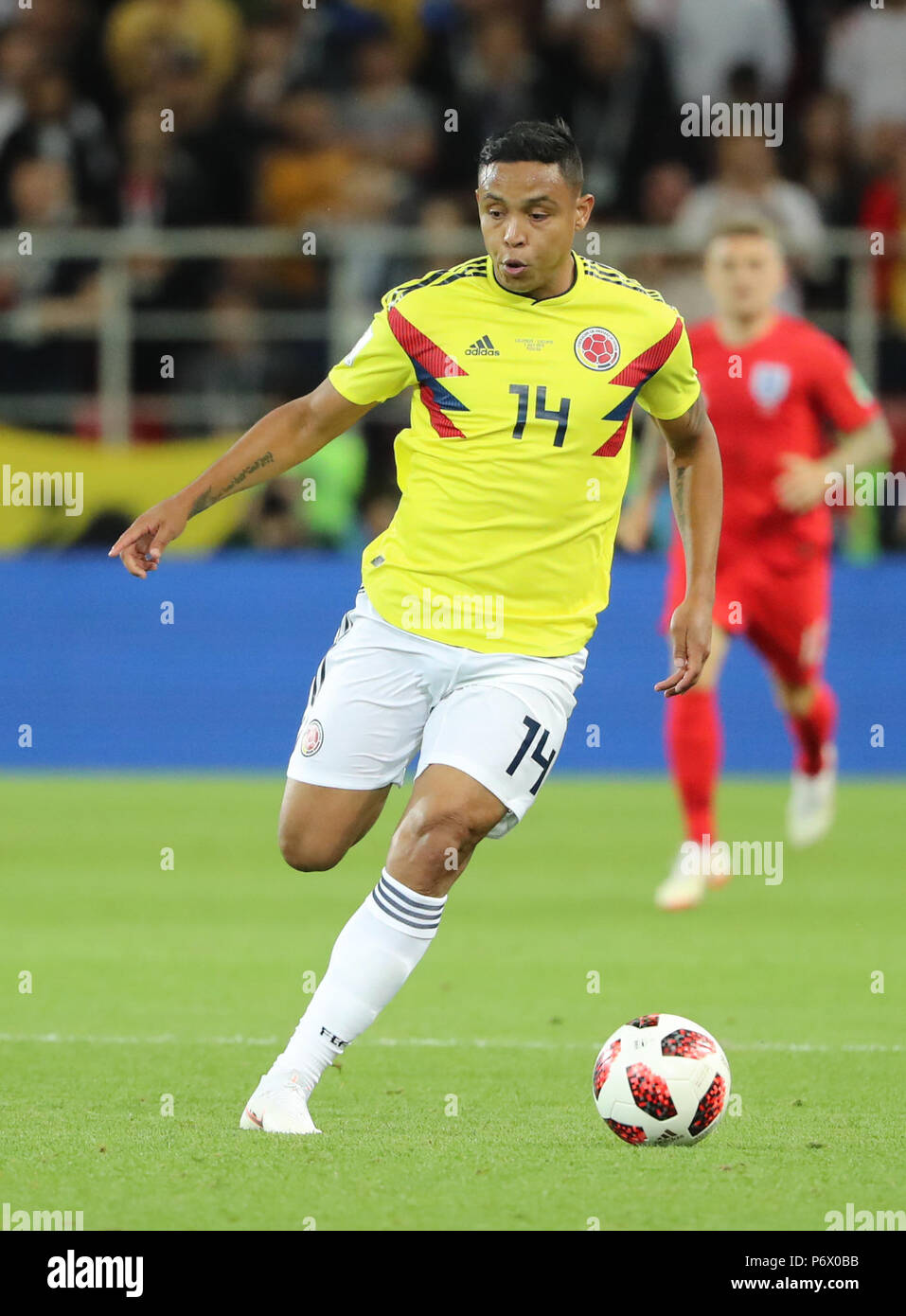 Moscow, Russia. 3rd July, 2018. Luis Muriel of Colombia breaks through with the ball during the 2018 FIFA World Cup round of 16 match between England and Colombia in Moscow, Russia, July 3, 2018. Credit: Bai Xueqi/Xinhua/Alamy Live News Stock Photo
