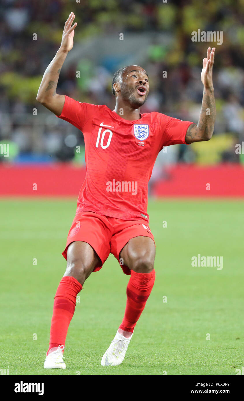 Moscow, Russia. 3rd July, 2018. Raheem Sterling of England reacts during the 2018 FIFA World Cup round of 16 match between England and Colombia in Moscow, Russia, July 3, 2018. Credit: Bai Xueqi/Xinhua/Alamy Live News Stock Photo