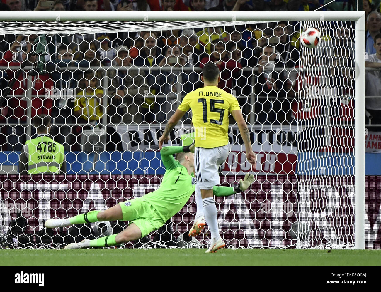 Moscow, Russia. 3rd July, 2018. Mateus Uribe (top) of Colombia misses a penalty kick during the penalty shootout of the 2018 FIFA World Cup round of 16 match between England and Colombia in Moscow, Russia, July 3, 2018. England won 5-4 (4-3 in penalty shootout) and advanced to the quarter-final. Credit: He Canling/Xinhua/Alamy Live News Stock Photo