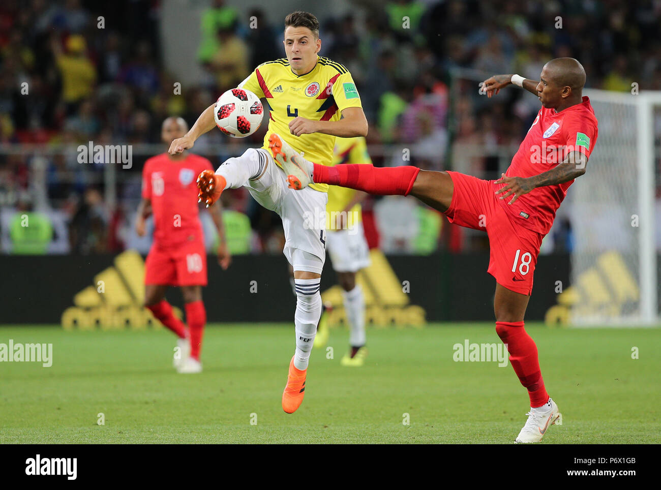 Moscow, Russian. 03rd July, 2018. 03.07.2018. MOSCOW, Russia:SANTIAGO ARIAS, ASHLEY YOUNG in action during the Round-16 Fifa World Cup Russia 2018 football match between COLOMBIA VS ENGLAND in Spartak Stadium. Credit: Independent Photo Agency/Alamy Live News Stock Photo