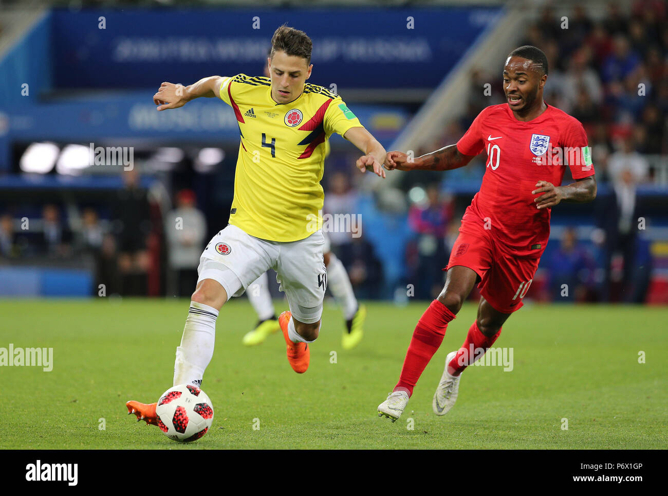 Moscow, Russian. 03rd July, 2018. 03.07.2018. MOSCOW, Russia:SANTIAGO ARIAS, RAHEEM STERLING in action during the Round-16 Fifa World Cup Russia 2018 football match between COLOMBIA VS ENGLAND in Spartak Stadium. Credit: Independent Photo Agency/Alamy Live News Stock Photo
