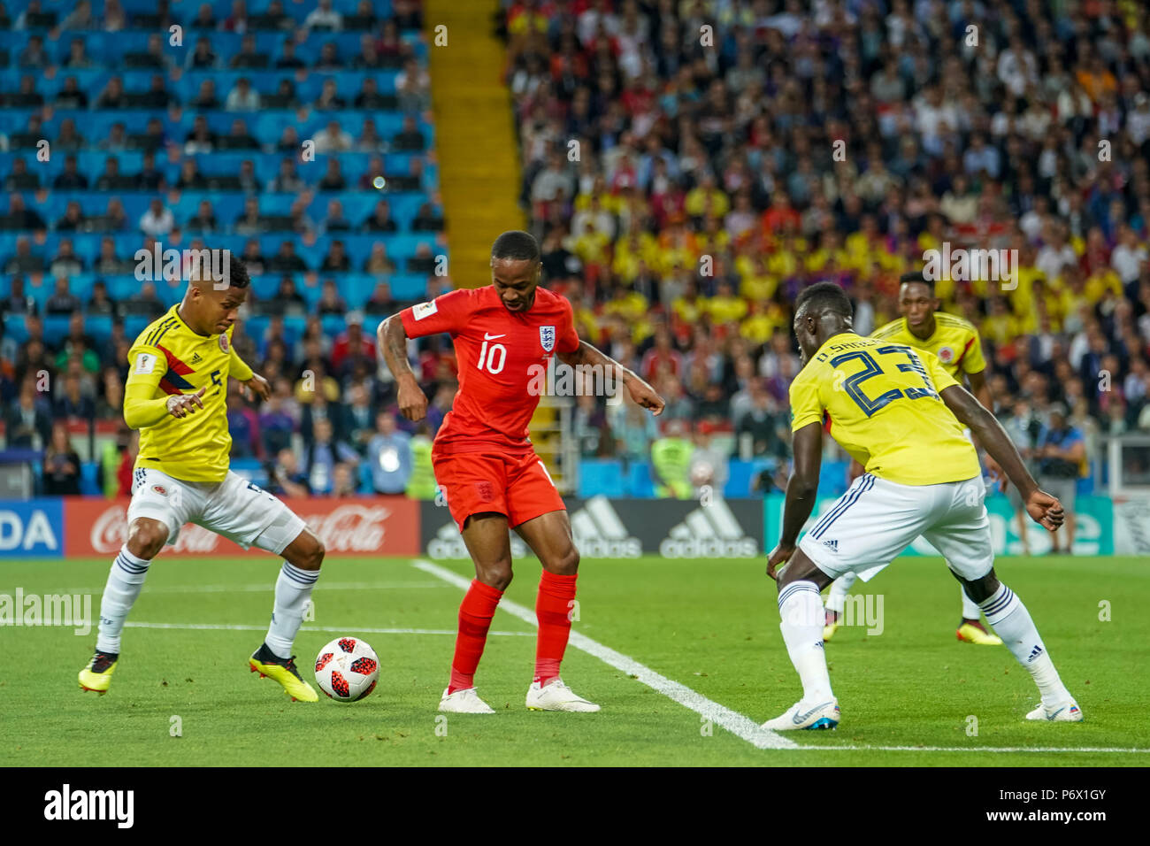 Moscow, Russia. July 03, 2018: Raheem Sterling of England making a heal kick between the legs of Wilmar Barrios of Colombia.at Spartak Stadium during the round of 16 match between England and Colombia during the 2018 World Cup. Ulrik Pedersen/CSM Credit: Cal Sport Media/Alamy Live News Stock Photo