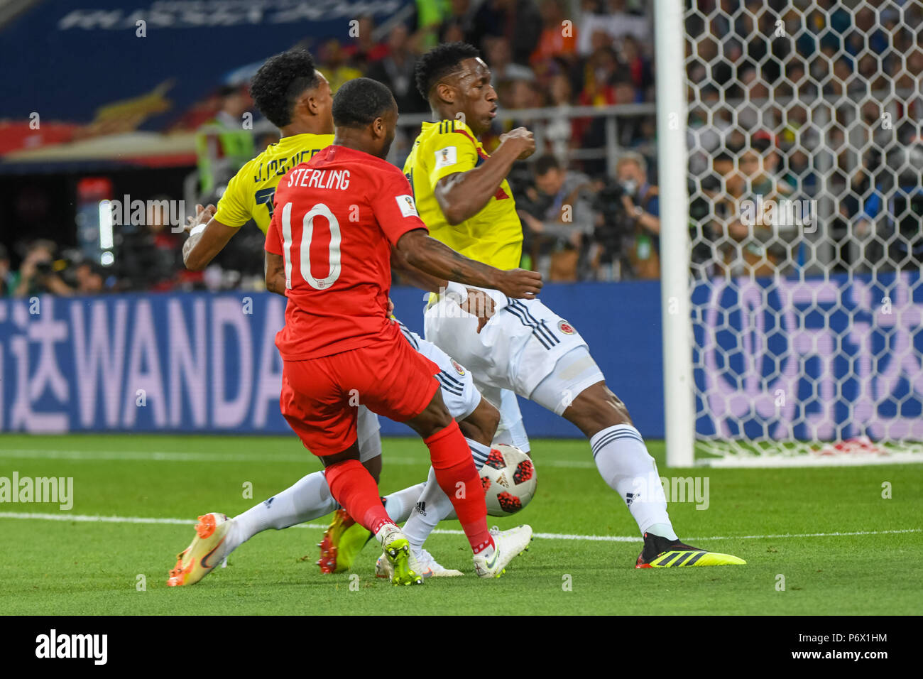 Moscow, Russia. July 03, 2018: Raheem Sterling of England bring to shot on a chance.at Spartak Stadium during the round of 16 match between England and Colombia during the 2018 World Cup. Ulrik Pedersen/CSM Credit: Cal Sport Media/Alamy Live News Stock Photo