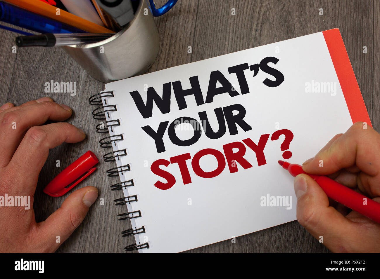 Handwriting text What'S Your Story Question. Concept meaning asking someone to tell me about himself Notepad pen information ideas message thoughts in Stock Photo