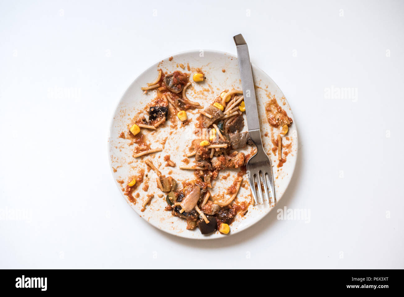 Dish of noddles finished dirty and empty ready to throw away Stock