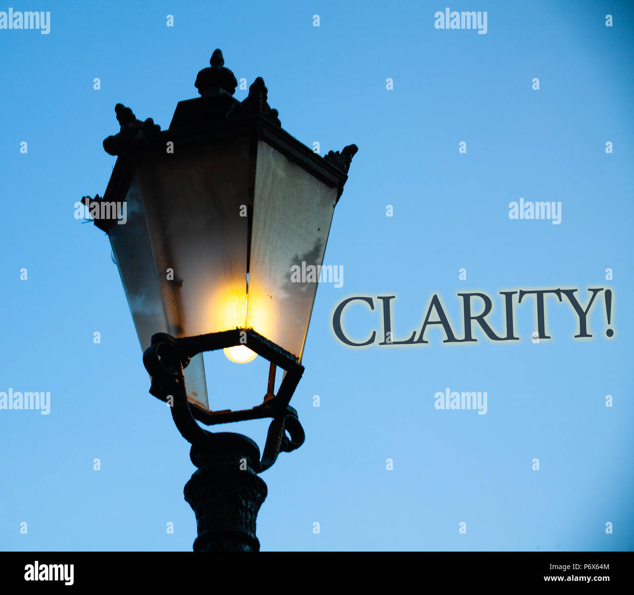 Conceptual hand writing showing Clarity. Business photo text Certainty Precision Purity Comprehensibility Transparency Accuracy Light post blue sky en Stock Photo