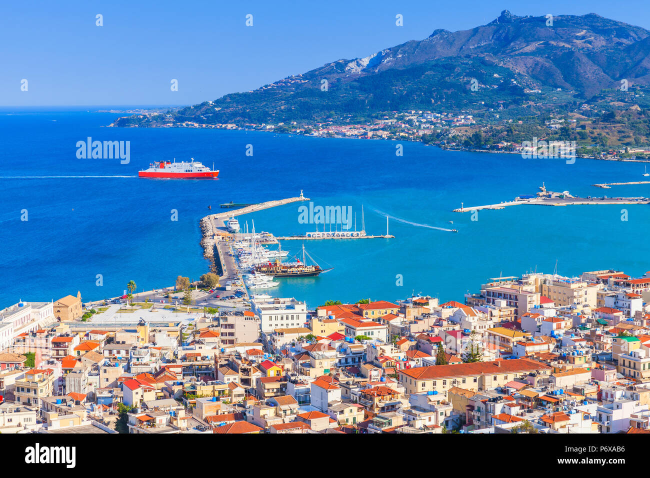 Ship enters the main port of Zakynthos, Greek island in the Ionian Sea