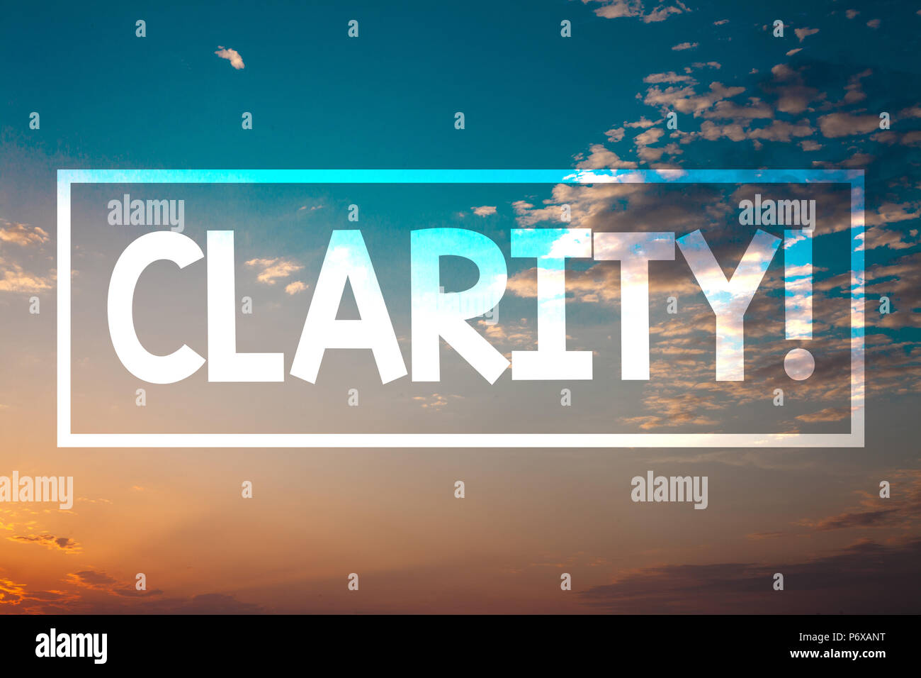 Handwriting text Clarity. Concept meaning Certainty Precision Purity Comprehensibility Transparency Accuracy Sunset blue beach orange cloudy clouds sk Stock Photo