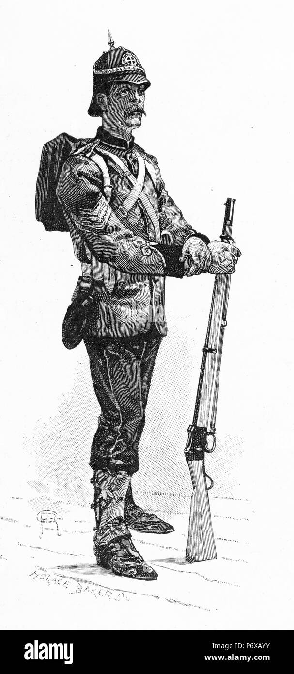 Engraving of soldier on parade at Frankston in Victoria, Australia. From the Picturesque Atlas of Australasia Vol 2, 1886 Stock Photo