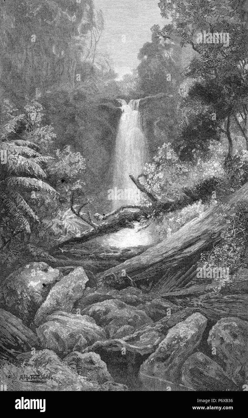 Engraving of Erskine Falls near Lorne in Victoria, Australia. From the Picturesque Atlas of Australasia Vol 2, 1886 Stock Photo