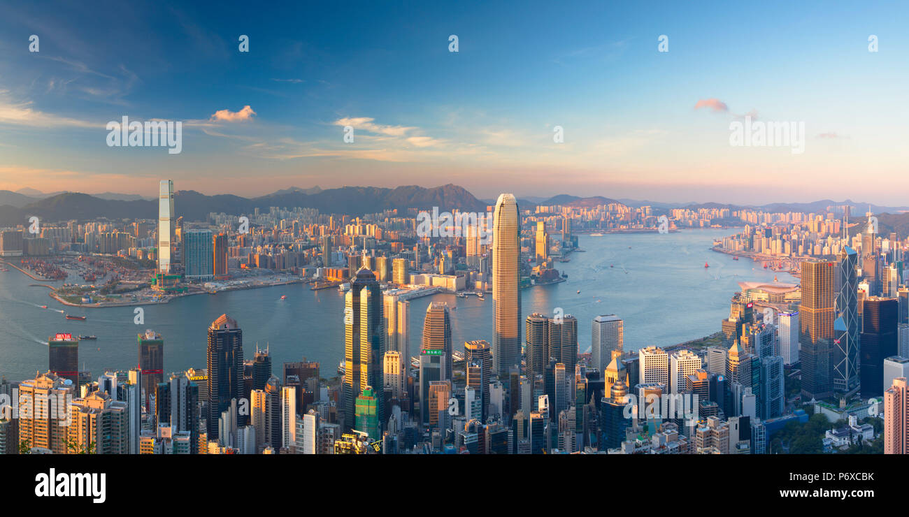Skyline of Hong Kong Island and Kowloon from Victoria Peak, Hong Kong Island, Hong Kong Stock Photo