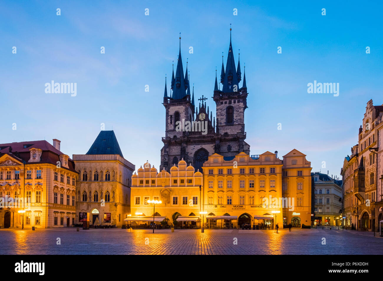 Czech Republic, Prague, Stare Mesto (Old Town). Staromestske namesti, Old Town Square at dawn. Stock Photo