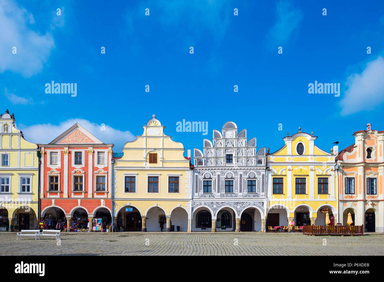 Czech Republic, Vysocina Region, Telc. Facades of Renaissance and Baroque houses on Namesti Zachariase z Hradce. Stock Photo