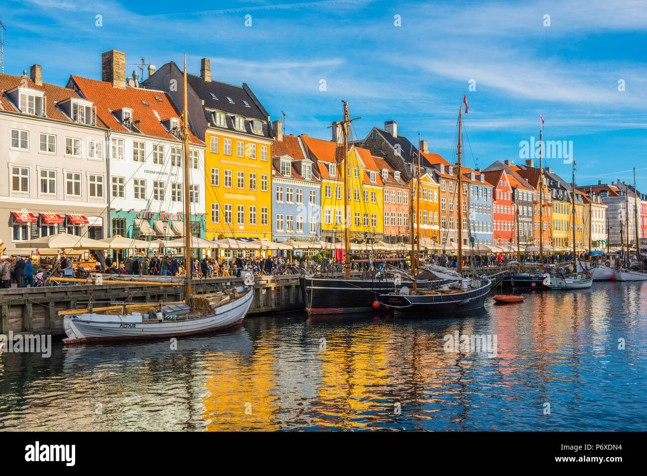 Copenhagen, Hovedstaden, Denmark, Northern Europe. Colorful houses lined on the waterfront in Nihavn. Stock Photo