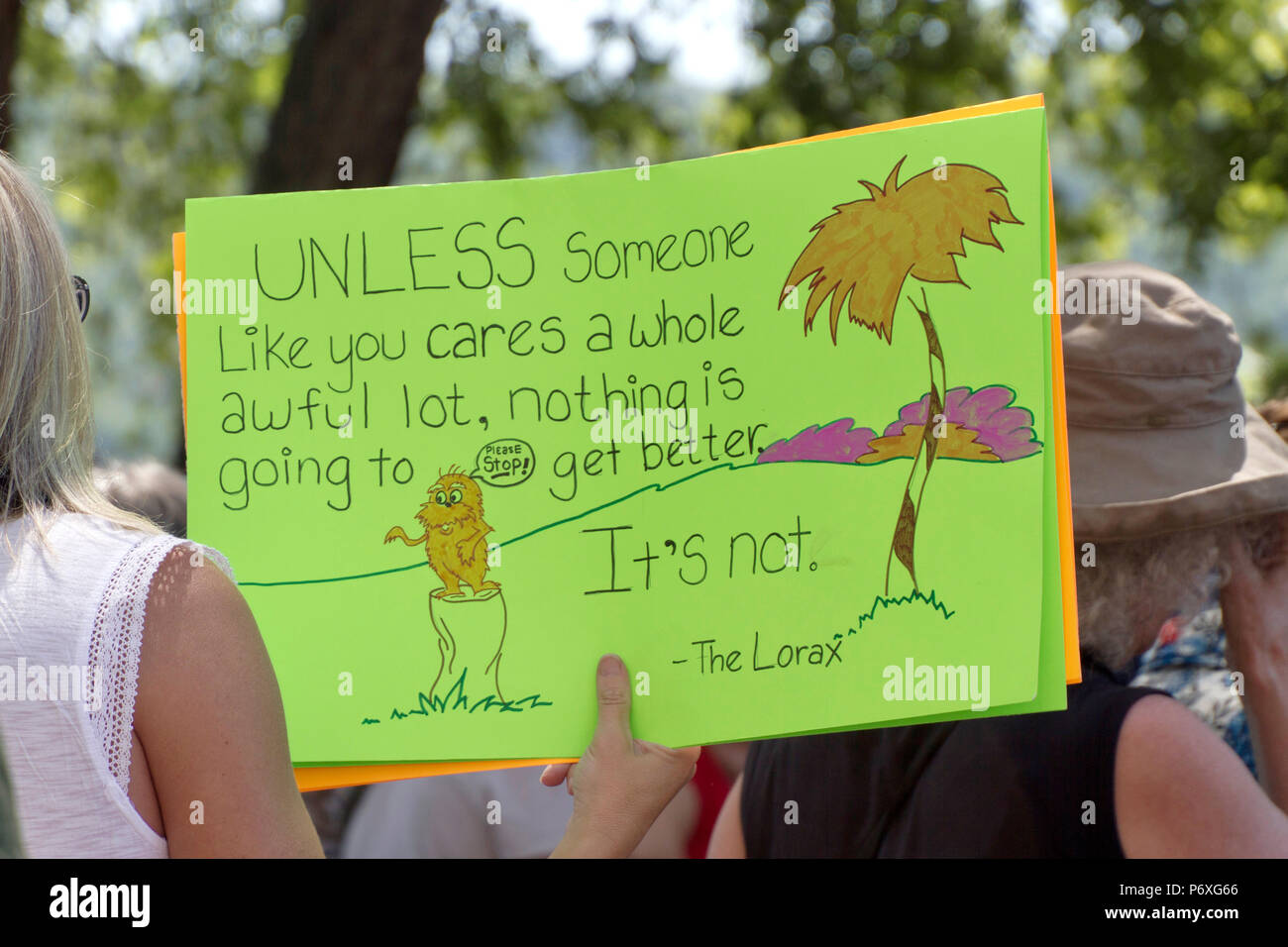 ASHEVILLE, NORTH CAROLINA, USA – JUNE 3, 2017: A woman holds a sign about global warming and other issues which quotes the Lorax from a Dr. Seuss book Stock Photo