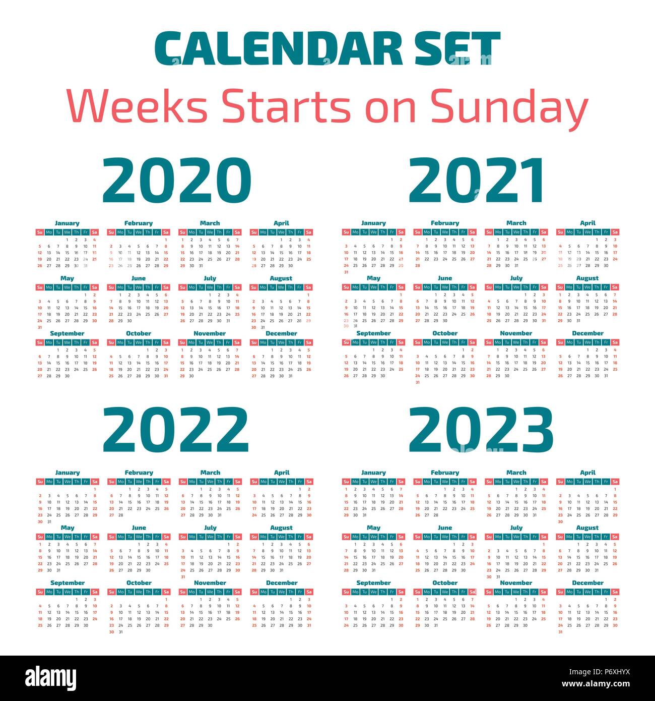 Simple 2020 2023 Years Calendar Week Starts On Sunday P6XHYX 