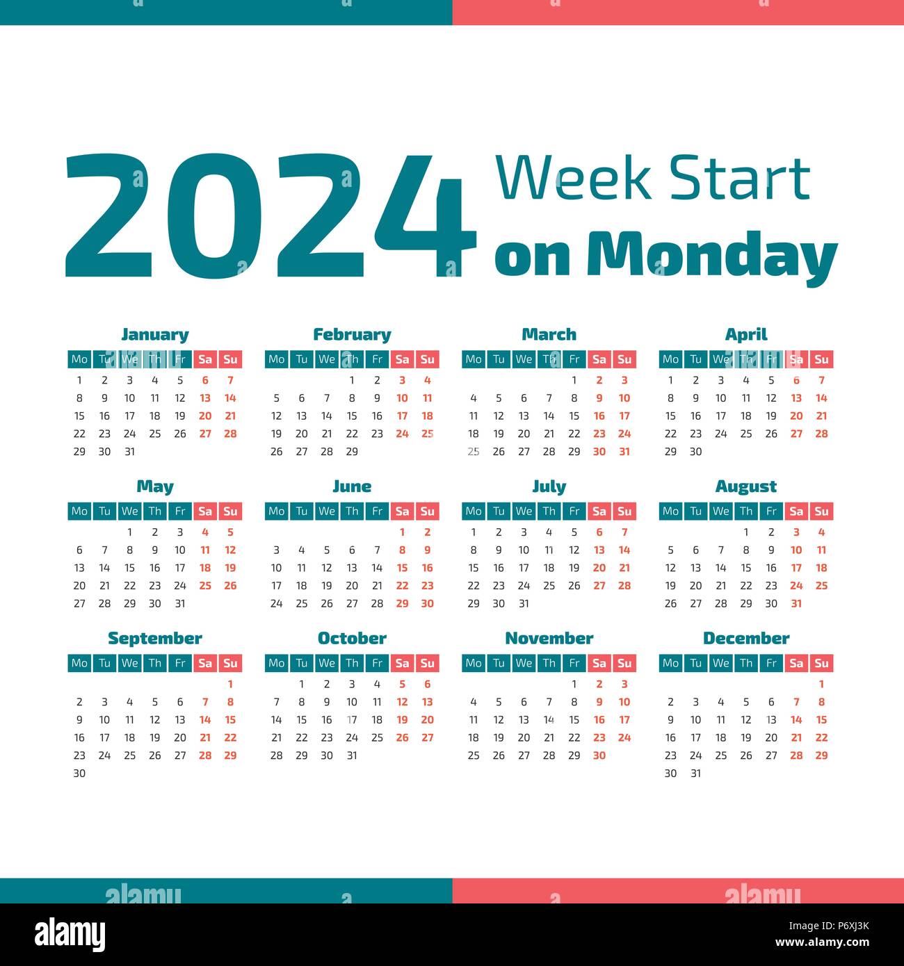 Simple 2024 Year Calendar Week Starts On Monday Stock Vector Image