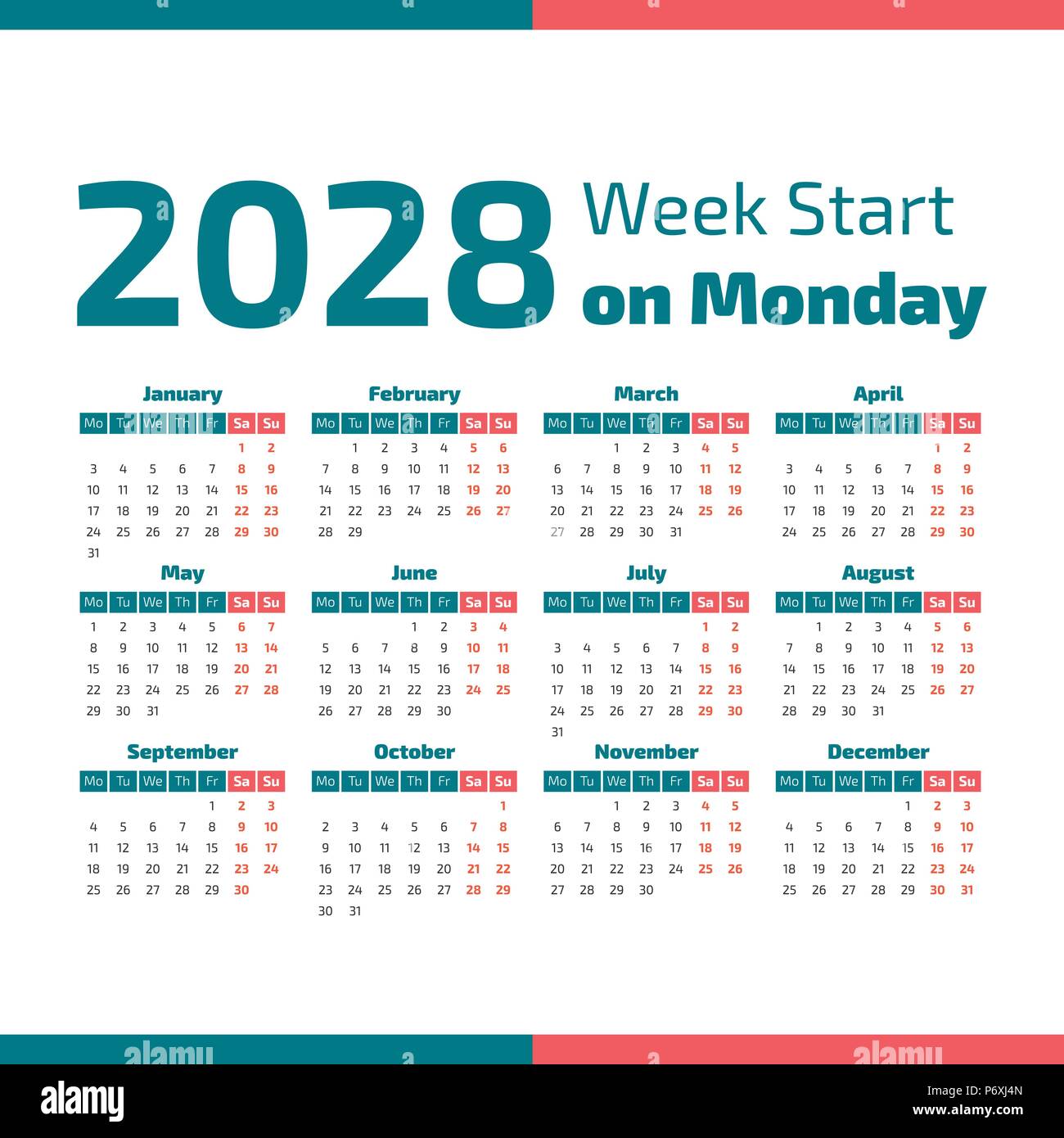 Simple 2028 year calendar, week starts on monday Stock Vector Image