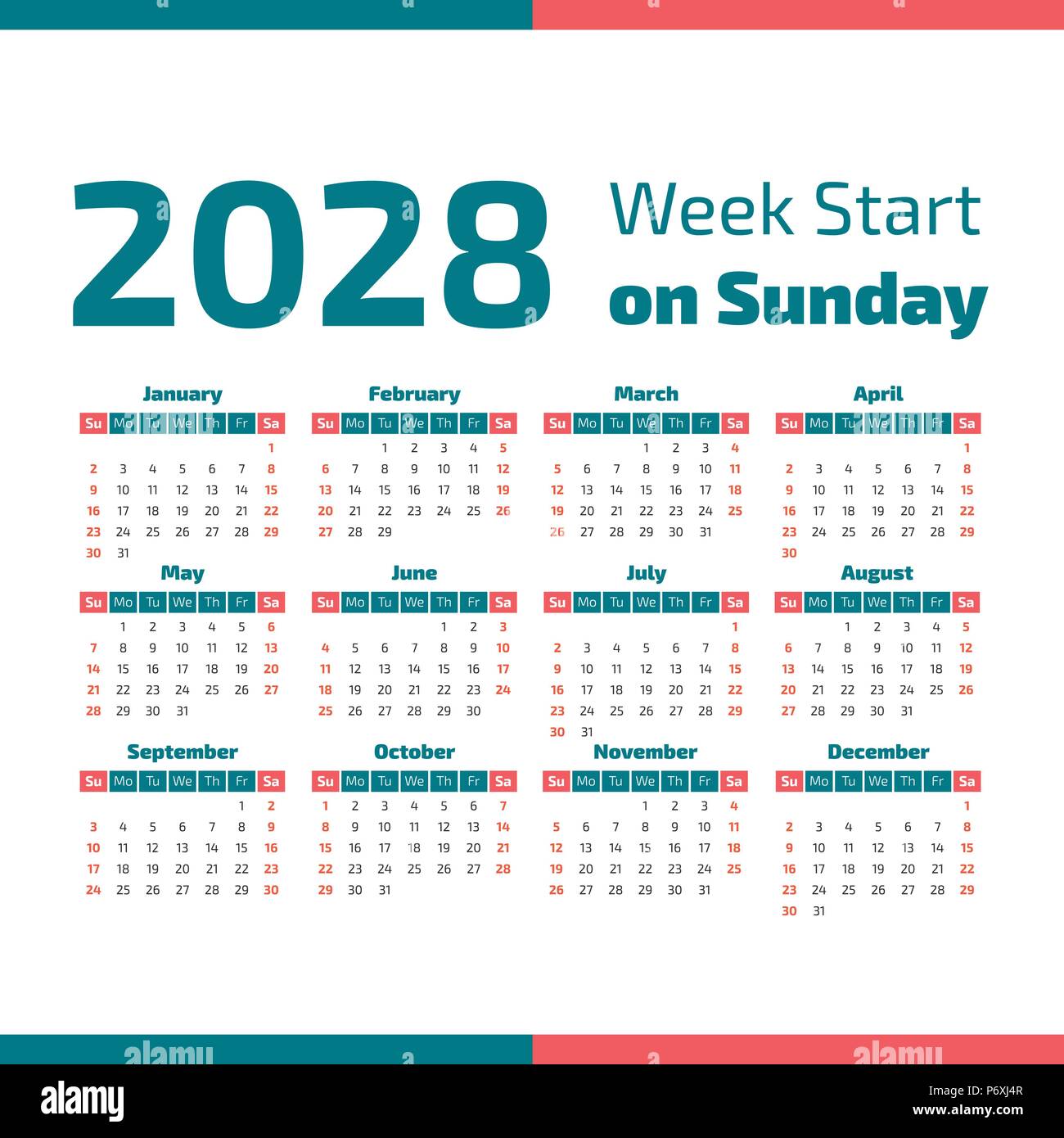 Simple 2028 Year Calendar Week Starts On Sunday Stock Vector Image