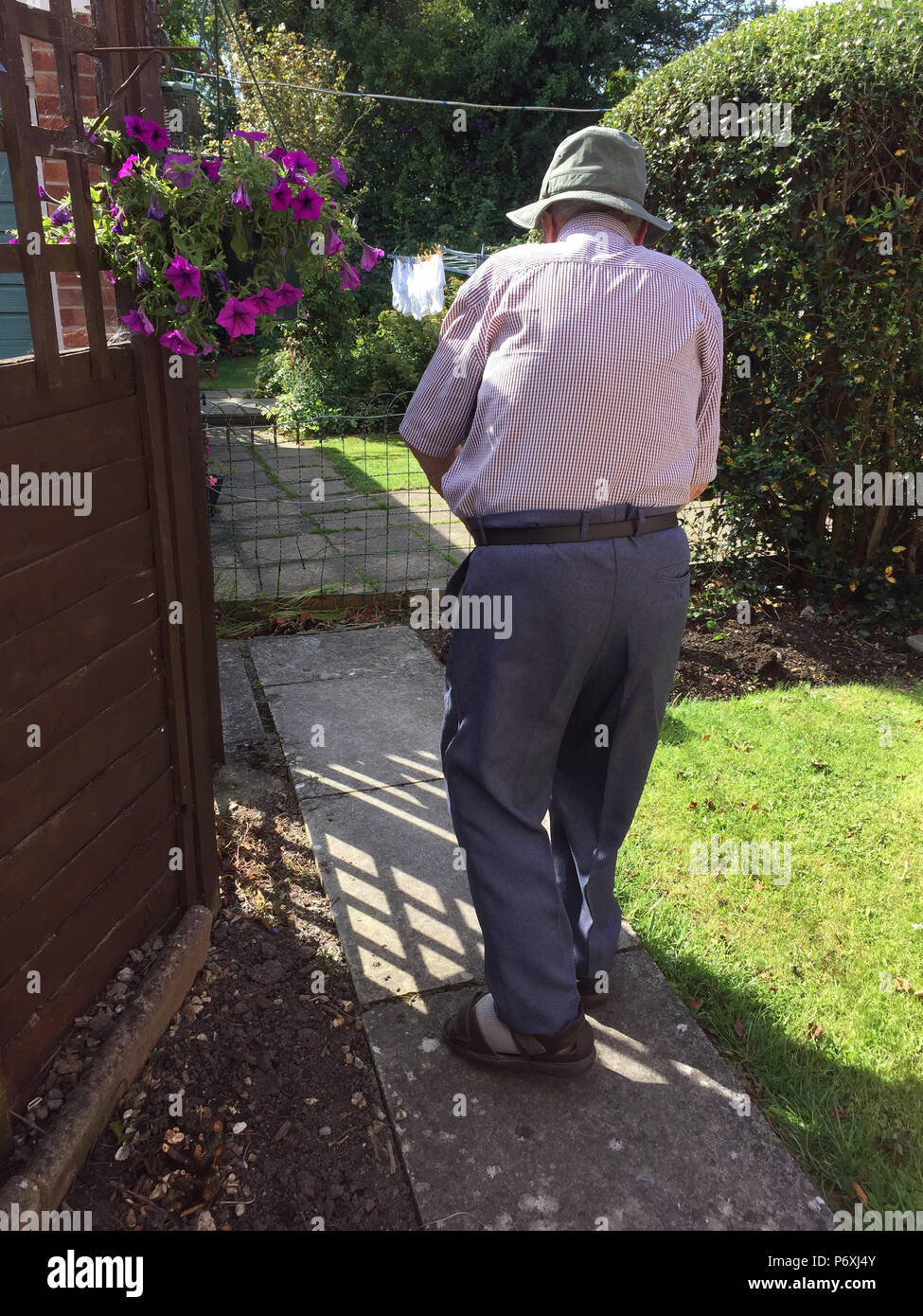 Rear view of elderly man walking down garden path Stock Photo - Alamy
