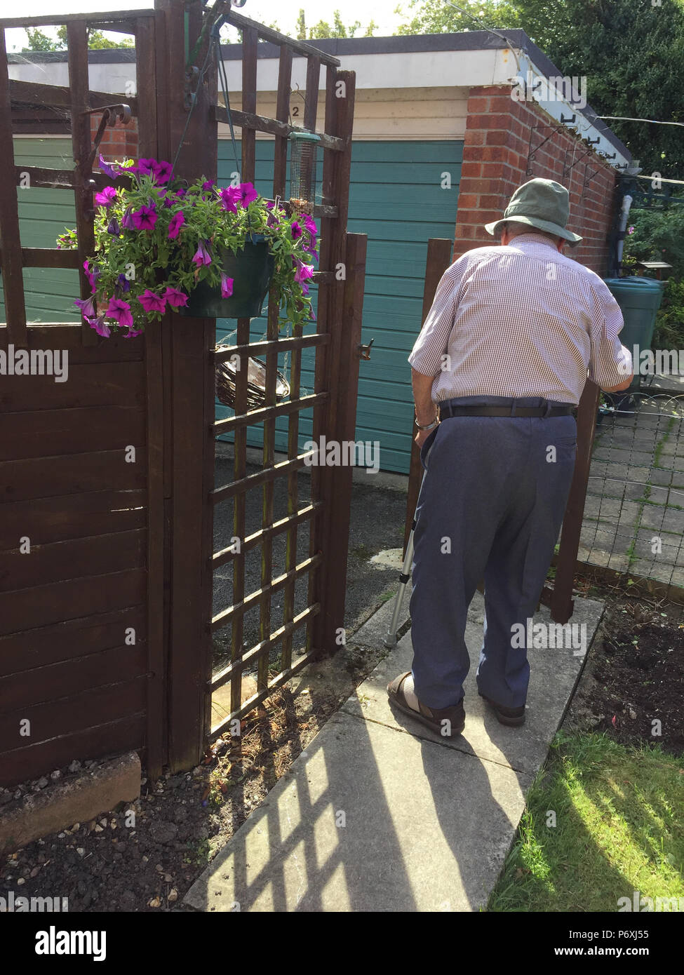 Rear view of elderly man walking down garden path Stock Photo - Alamy