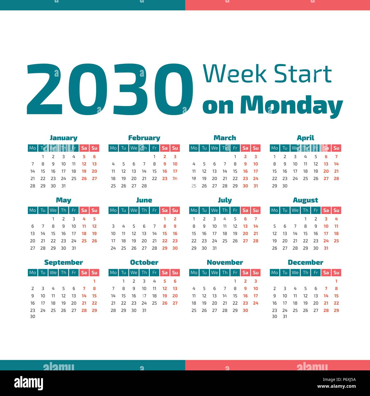 Simple 2030 year calendar, week starts on Monday Stock Vector Image & Art -  Alamy