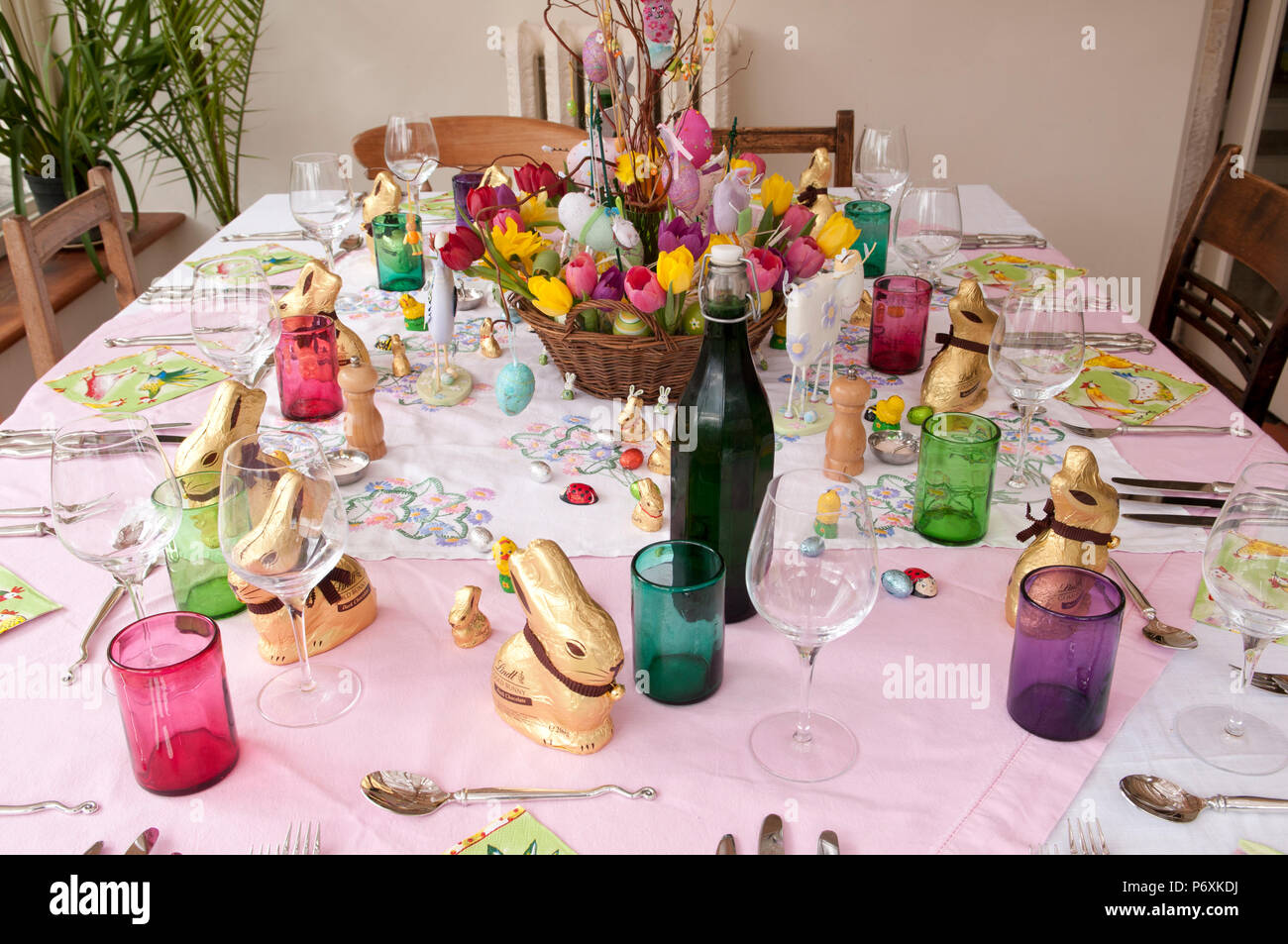 Dining Table Laid With Beautiful Spring Flowers And Easter Decorations Stock Photo Alamy