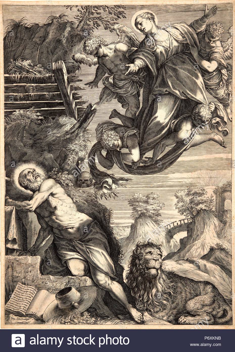 Agostino Carracci (Italian, 1557-1602) after Jacopo Tintoretto (Italian (Venetian), 1519-1594). The Madonna Appearing to St. Jerome, 1588. Engraving.