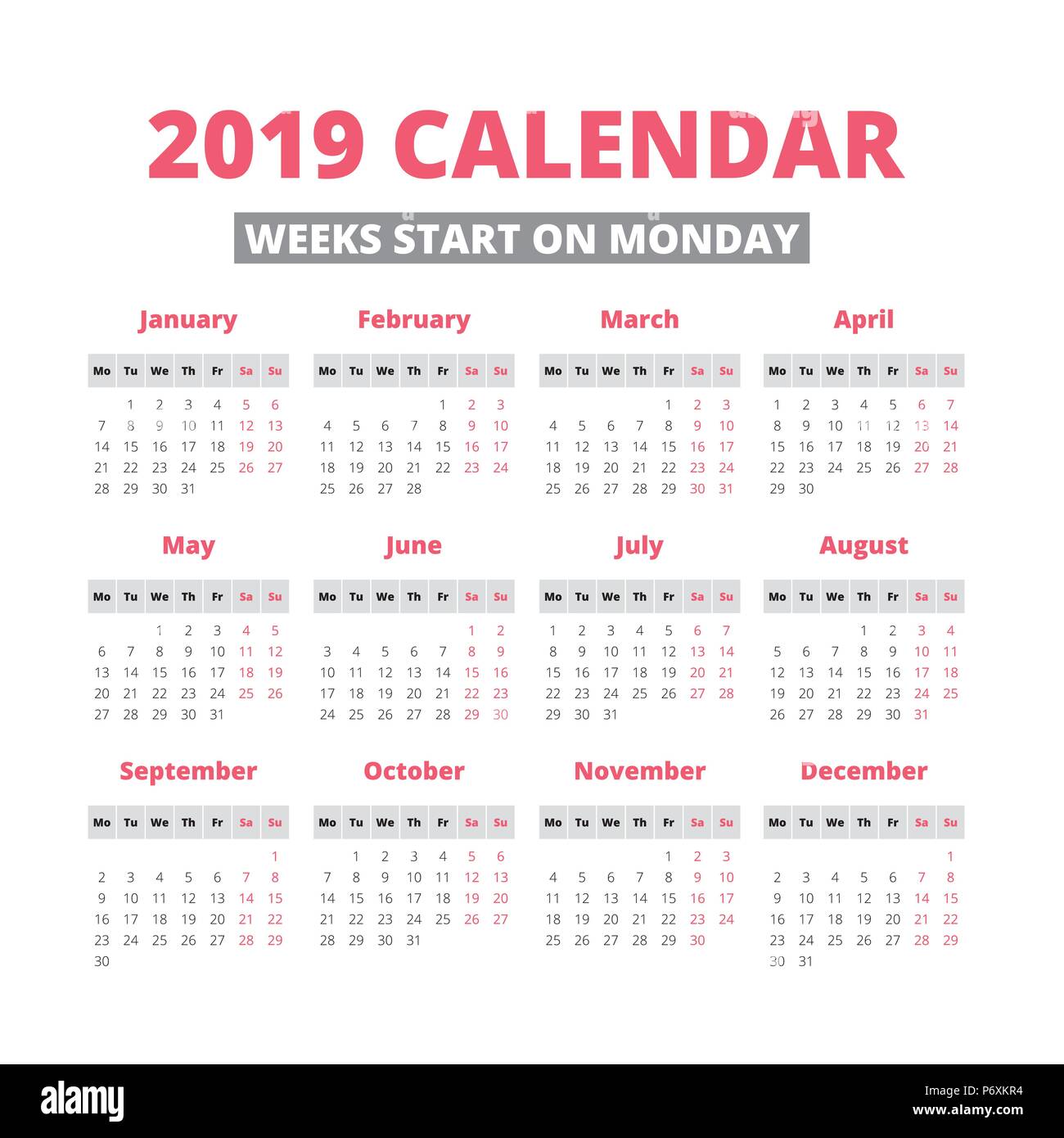 Simple 2019 Year Calendar Week Starts On Monday Stock Vector Image