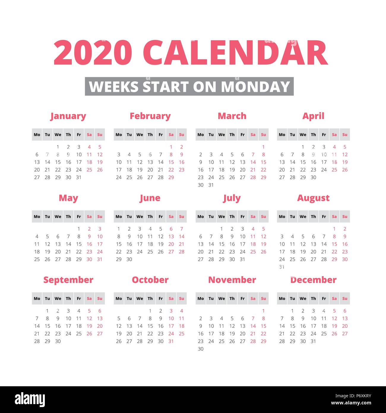 Simple 2020 Year Calendar Week Starts On Monday Stock Vector Image 