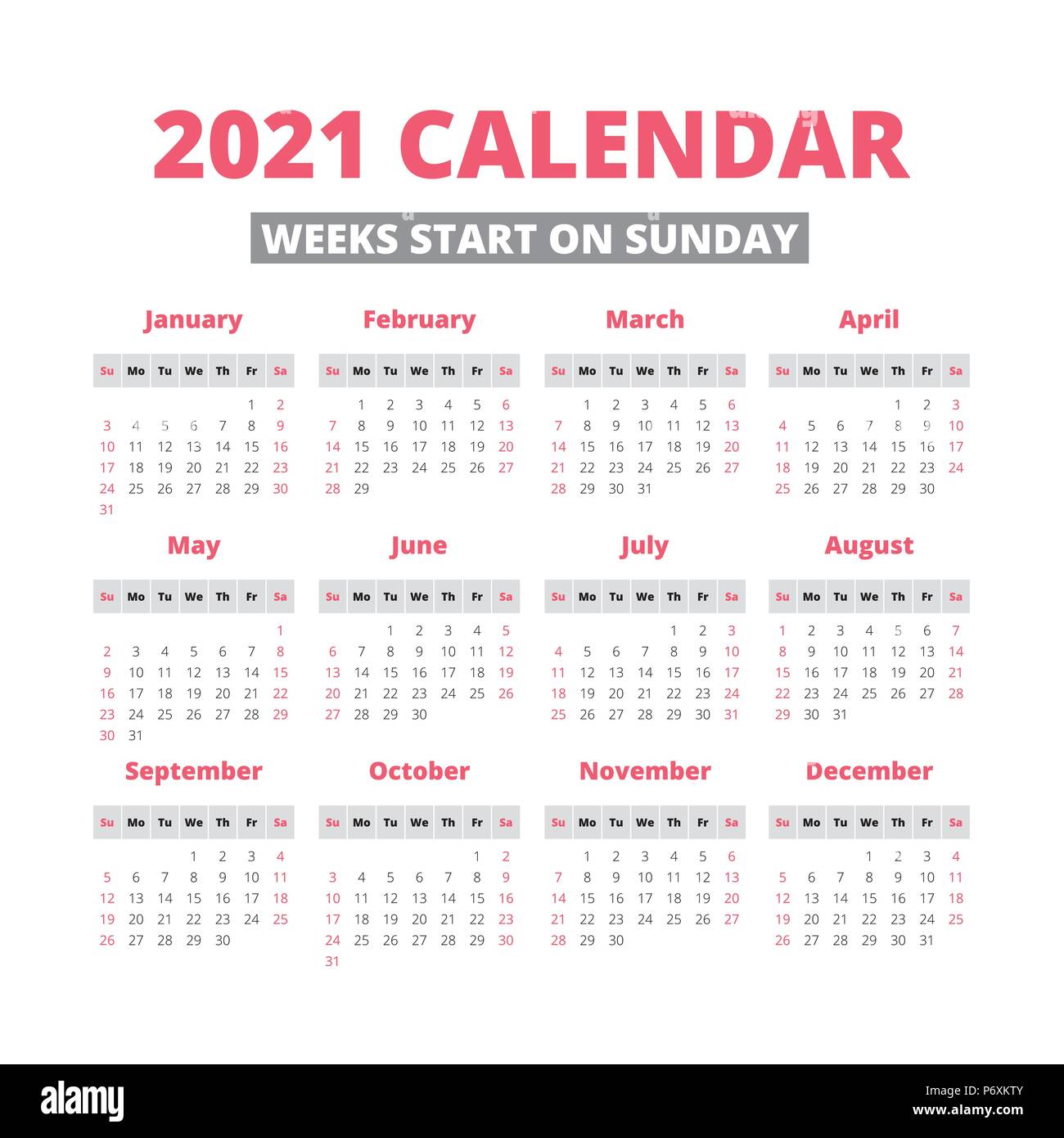 Simple 2021 Year Calendar Week Starts On Sunday Stock Vector Image 