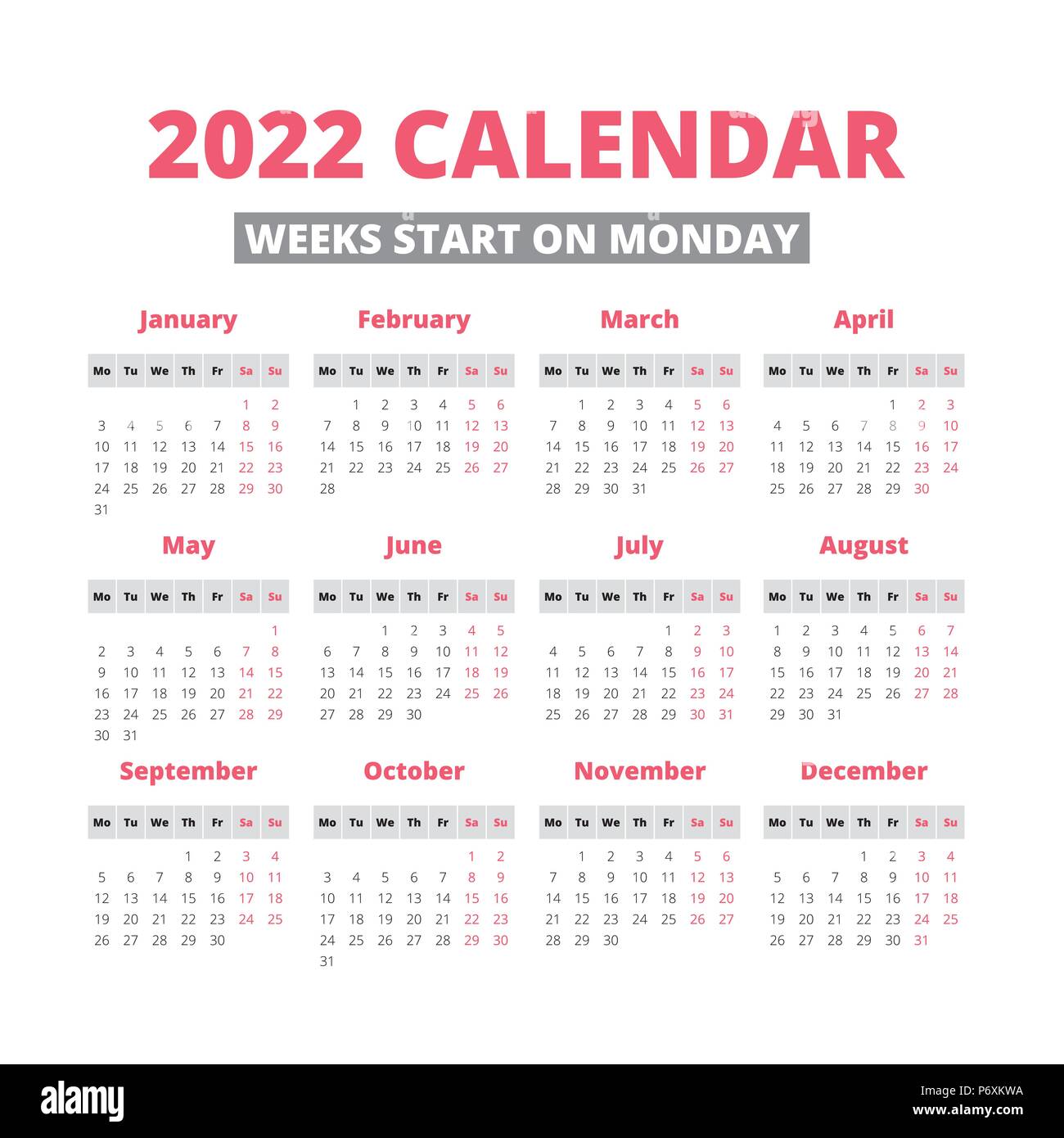 Simple 2022 Year Calendar Week Starts On Monday Stock Vector Image