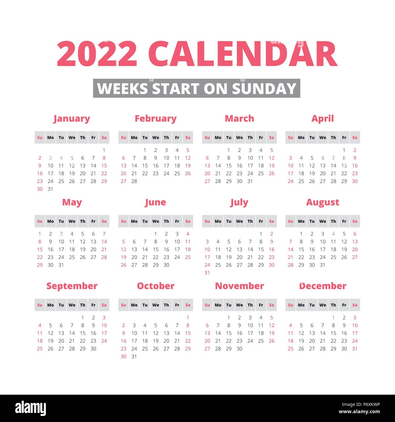 2022 Calendar Starting With Sunday