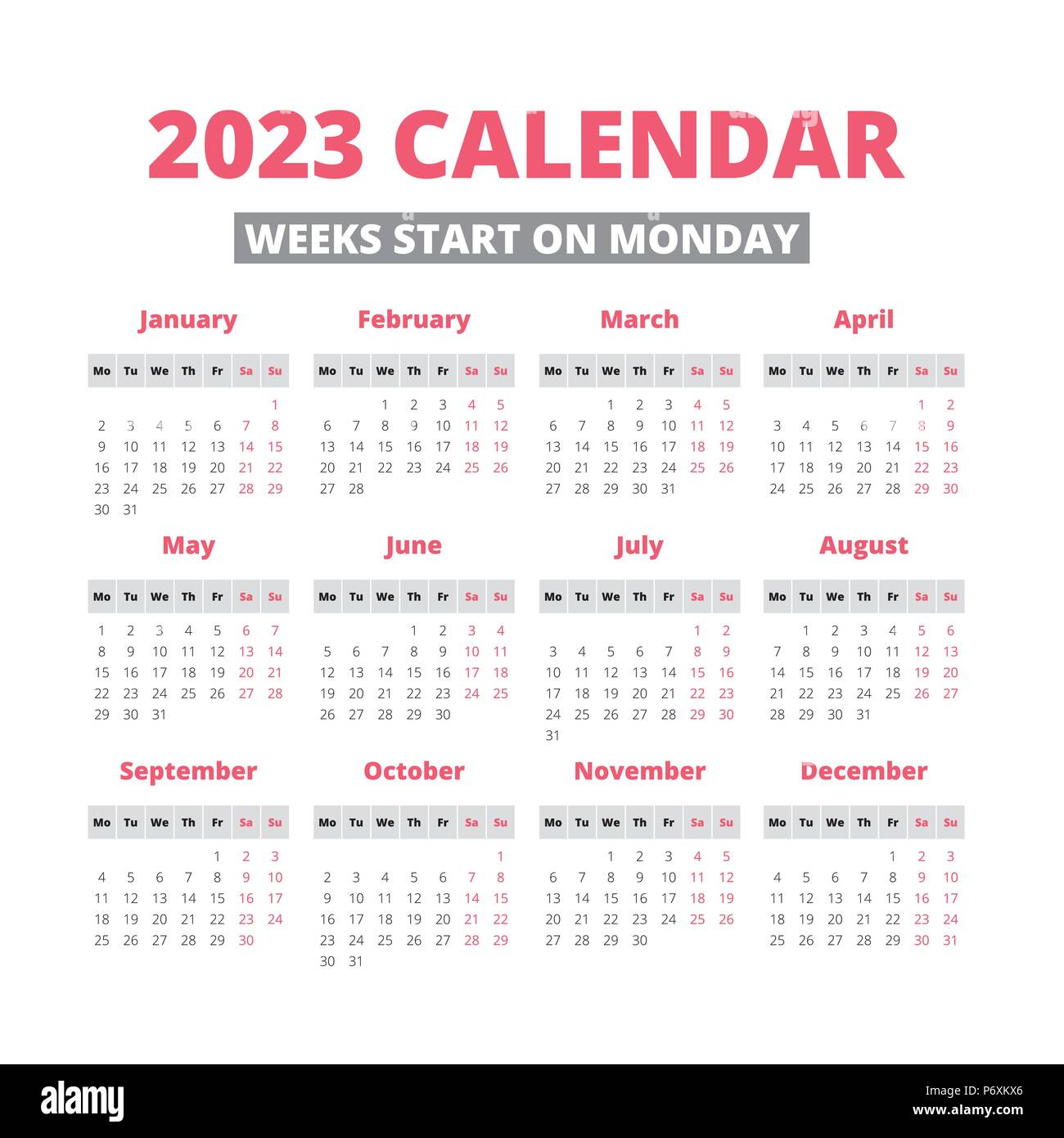 Simple 2023 year calendar, week starts on Monday Stock Vector Image & Art -  Alamy