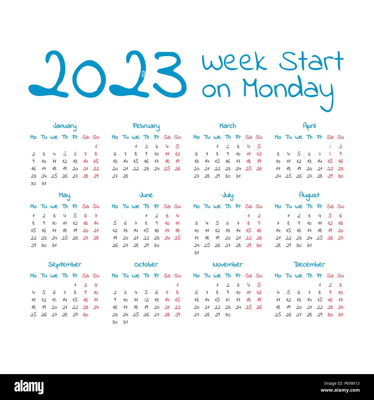 Simple 2023 year calendar, week starts on Monday Stock Vector Image