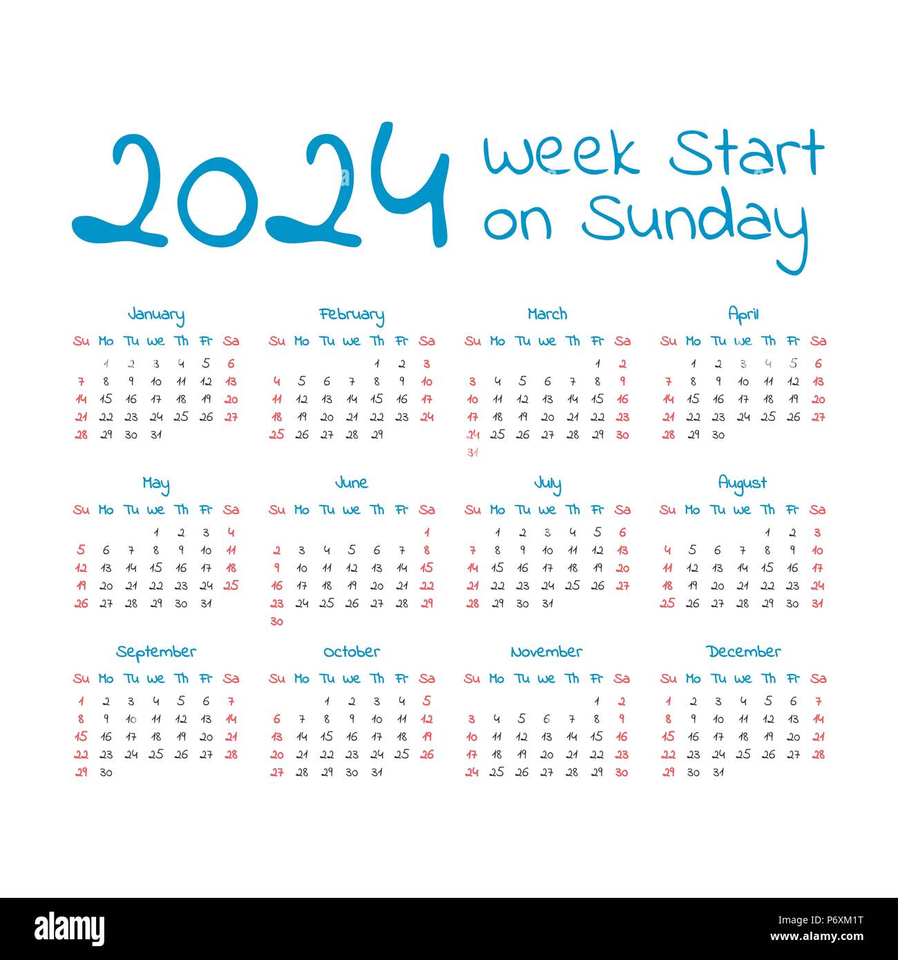 Simple 2024 Year Calendar Week Starts On Sunday P6XM1T 