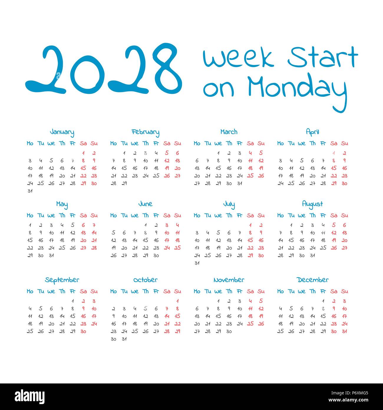 Simple 2028 year calendar, week starts on Monday Stock Vector Image & Art Alamy