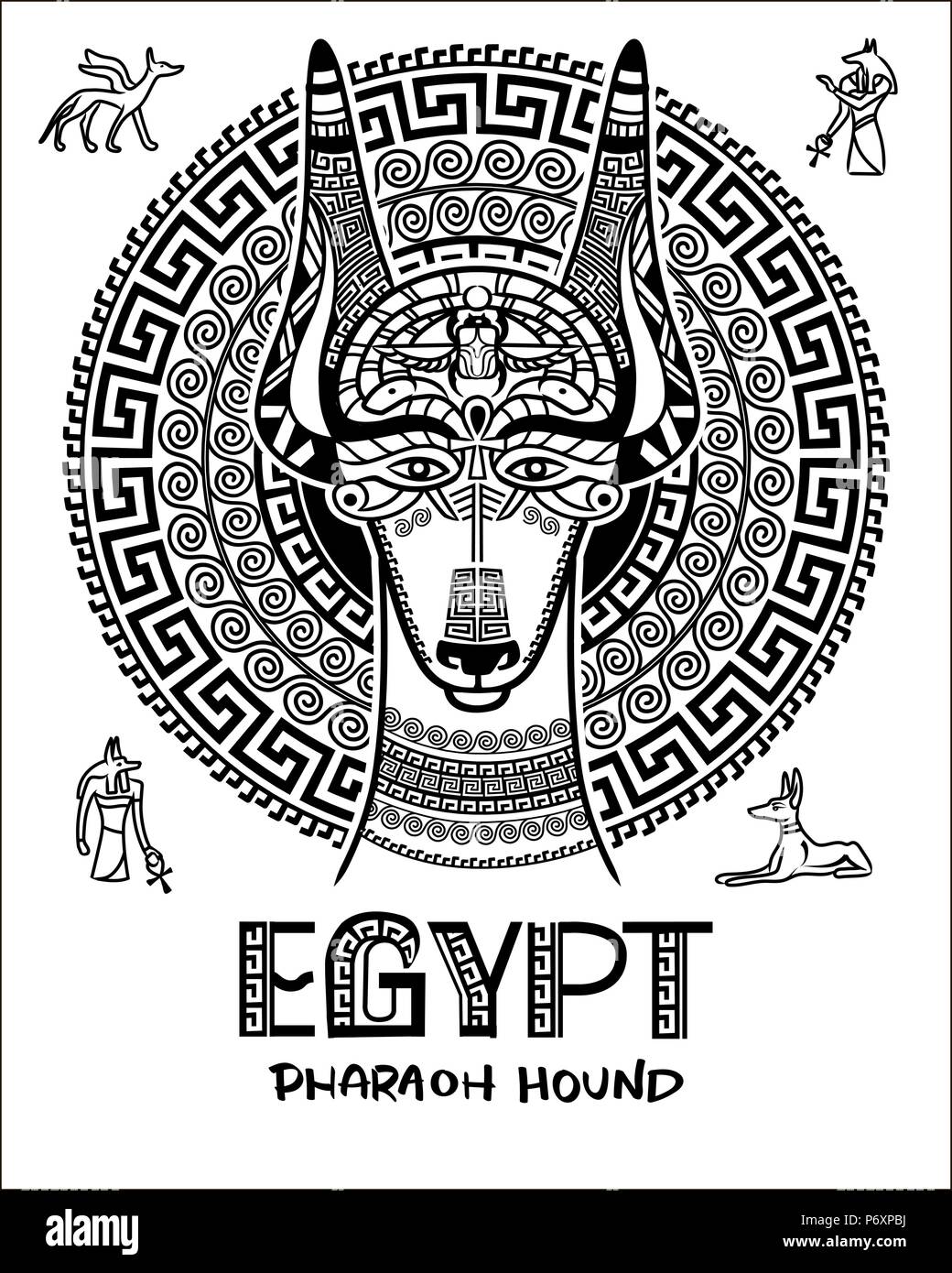 Vector image of an Egyptian dog. Ornament of ancient Egypt. God Anubis, the Ankh and the dog Pharaoh. Stock Vector