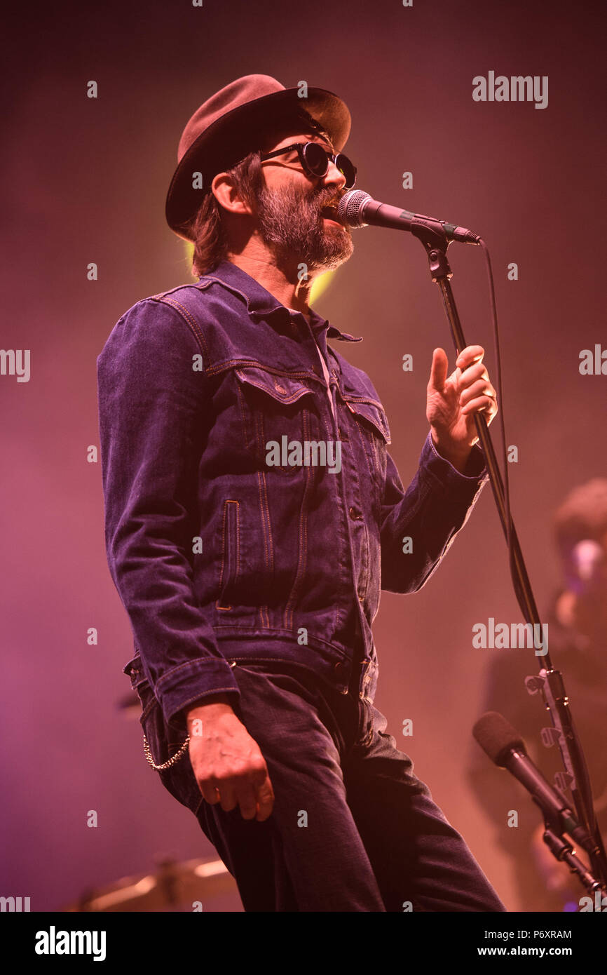 Mark Oliver Everett of Eels performing at Brixton Academy in south London. PRESS ASSOCIATION Photo. Picture date: Monday July 2nd, 2018 Stock Photo