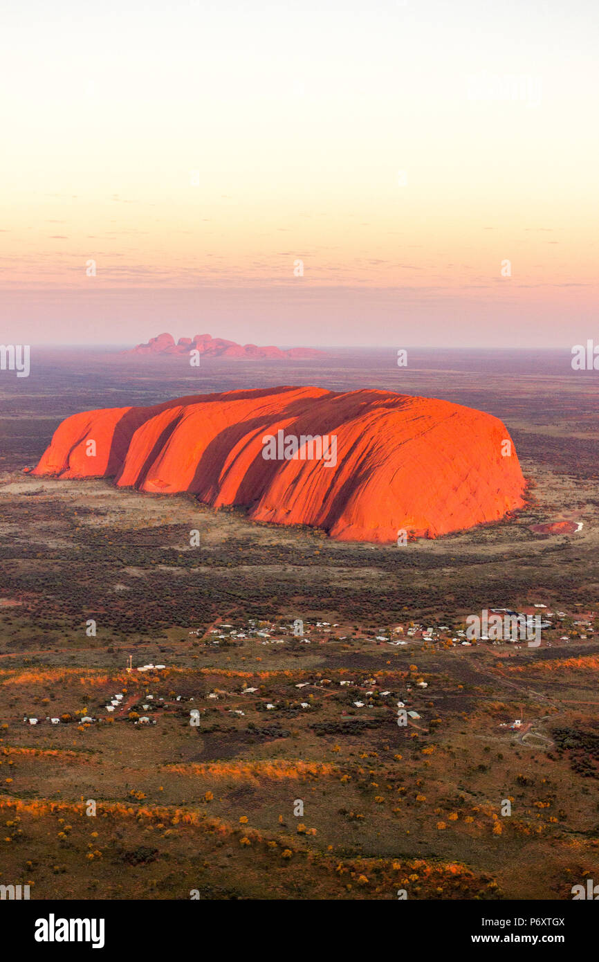 Uluru and Kata Tjuta at sunrise, Aerial view. Northern Territory, Australia Stock Photo