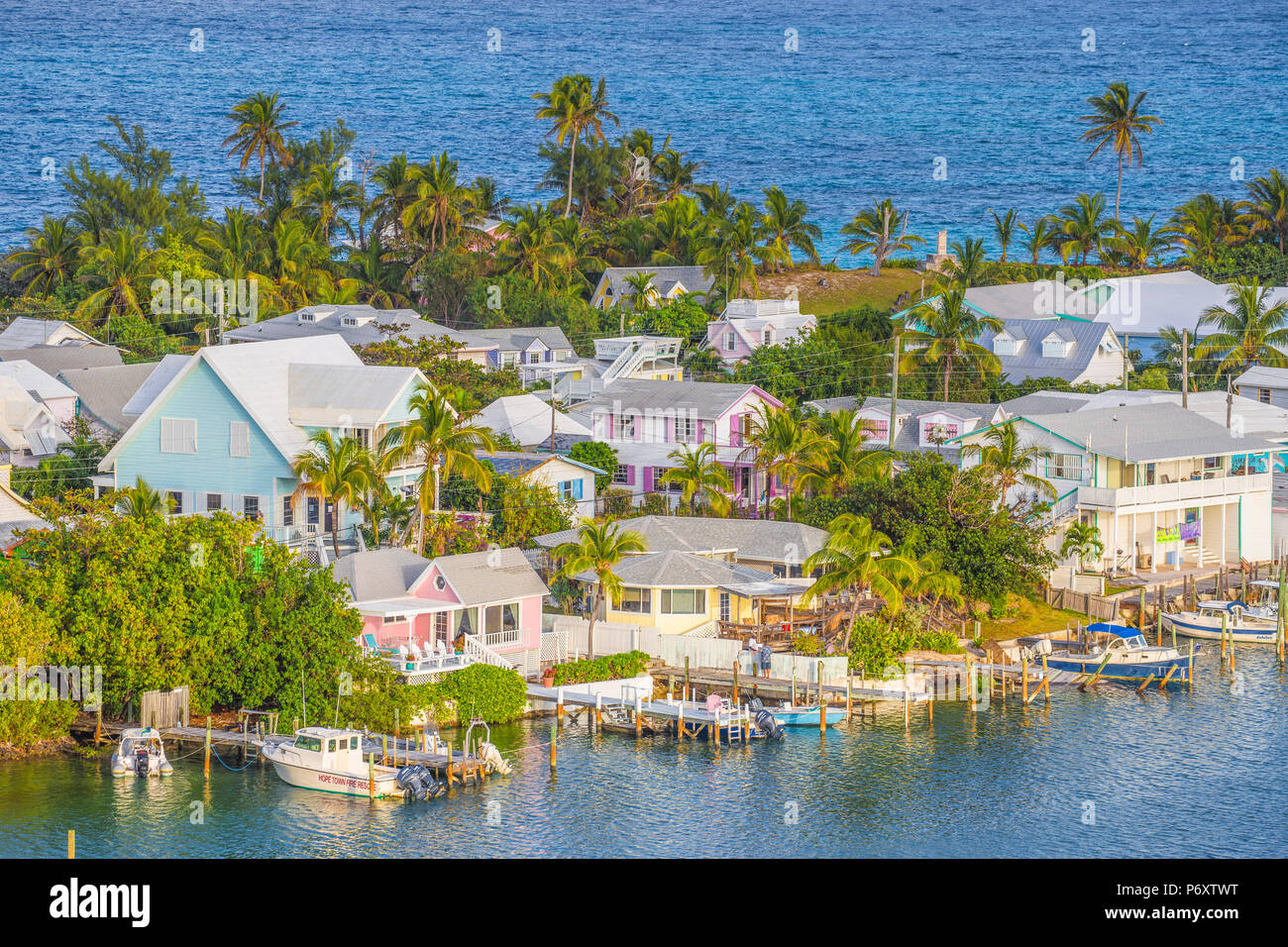 Bahamas, Abaco Islands, Elbow Cay, Hope Town, View of Harbour Stock