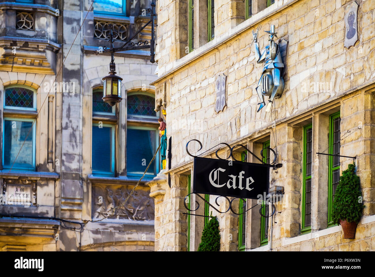 Belgium, Flanders, Ghent (Gent). Cafe sign and old buildings in central Ghent. Stock Photo