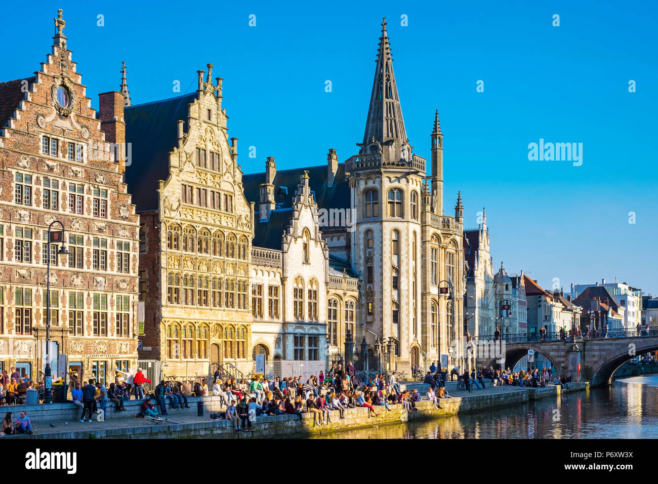 Belgium, Flanders, Ghent (Gent). Medieval guild houses on Graslei and the Leie River. Stock Photo