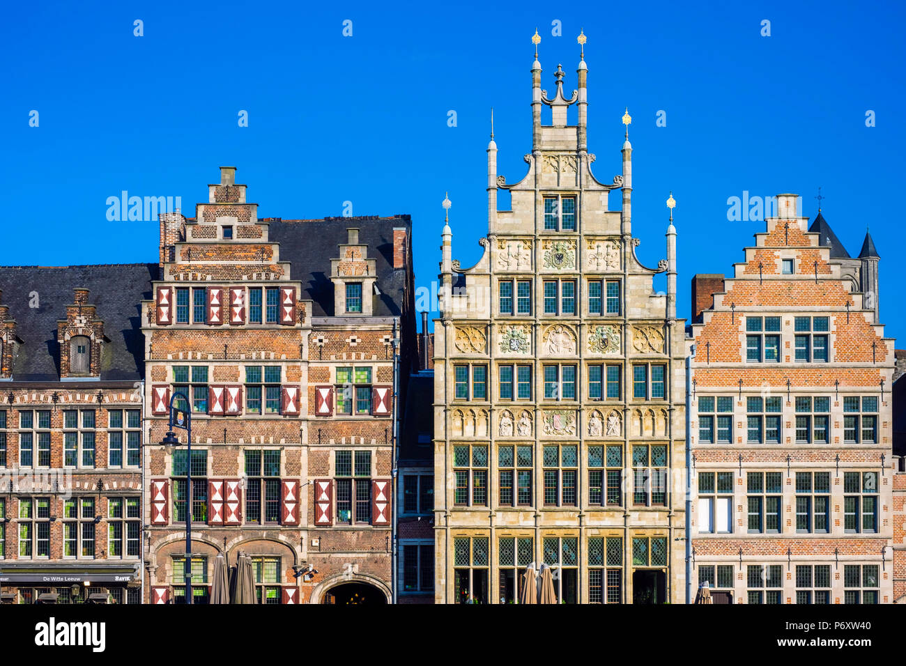 Belgium, Flanders, Ghent (Gent). Medieval guild houses on Graslei. Stock Photo