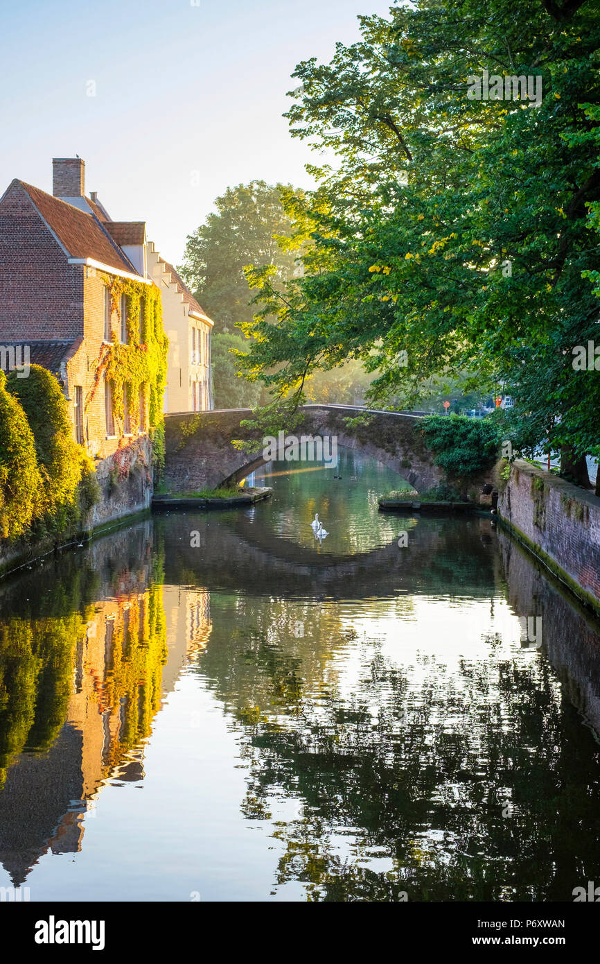 Belgium, West Flanders (Vlaanderen), Bruges (Brugge). Buildings along the Groenerei canal at dawn. Stock Photo