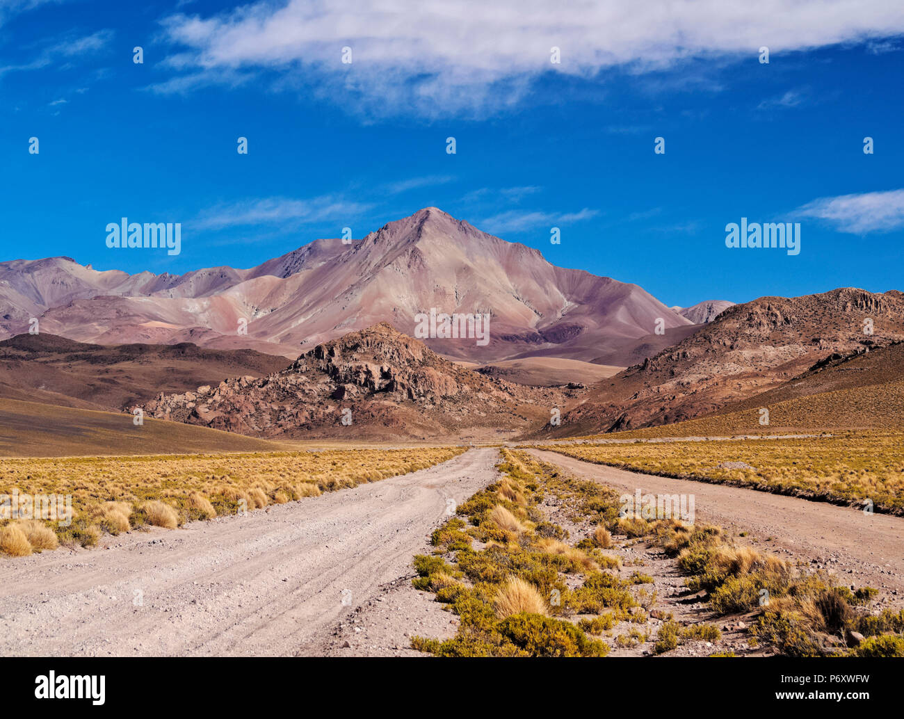 Bolivia, Potosi Department, Sur Lipez Province, Dirt Road and Cerro Lipez. Stock Photo