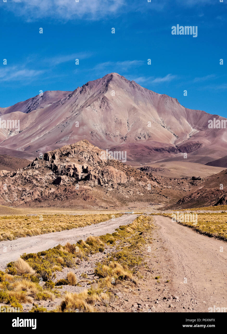 Bolivia, Potosi Department, Sur Lipez Province, Dirt Road and Cerro Lipez. Stock Photo