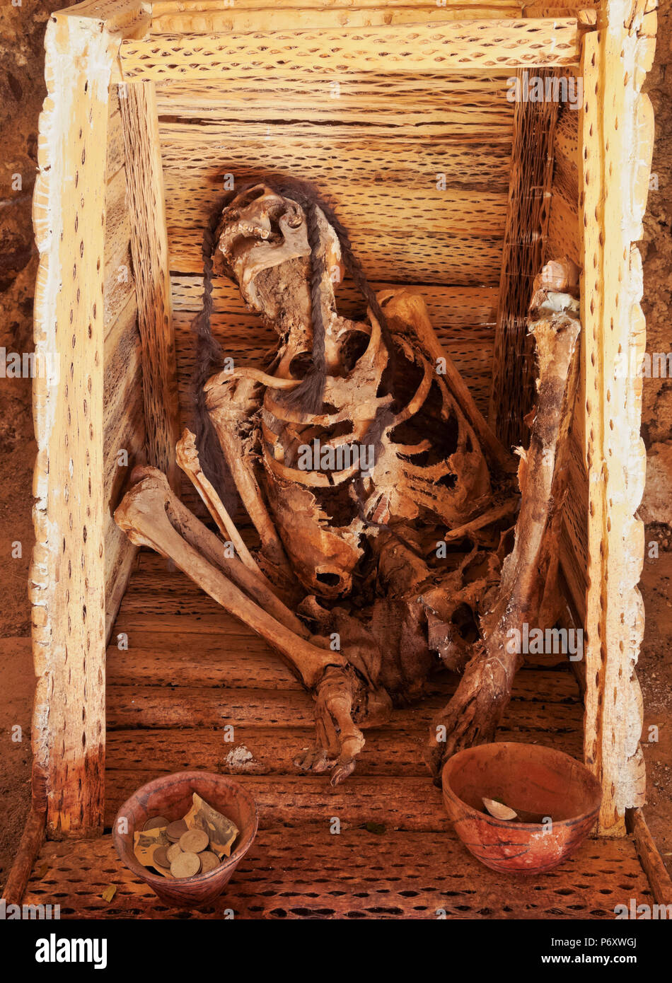 Bolivia, Potosi Departmant, Nor Lipez Province, Inca Mummy in a burial cave near Puerto Chuvica. Stock Photo